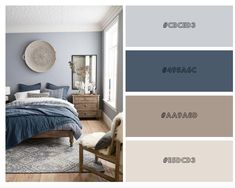 a bedroom with blue and gray colors in it