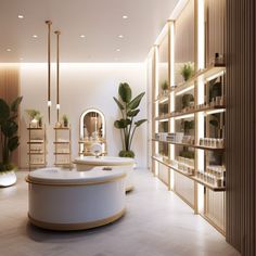 the interior of a store with shelves and plants