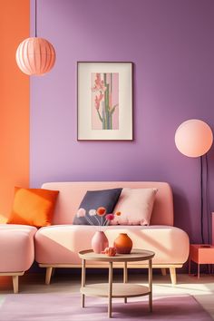 a living room with purple walls and pink furniture in the corner, including a white couch