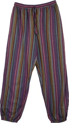 Light and fun elastic ankle breezy harem pants with striped fabric in purple, yellow, blue white and black. It features an elastic waist with a flexible drawstring and two deep side pockets on either side. Great for hot summer days, yard selling, flea market shopping, music concerts to summer festival; these pants are a good fit anywhere Length: 40", inseam 30" (ankle length for petite women); Waist: 28"- 34" (S/M) ; Material: 100% Cotton Multicolor Ankle-length Harem Pants With Elastic Waistband, Summer Purple Cotton Harem Pants, Casual Multicolor Harem Pants For Beach, Casual Purple Harem Pants For Summer, Casual Striped Cotton Harem Pants, Casual Multicolor Harem Pants With Elastic Waistband, Multicolor Cotton Ankle-length Harem Pants, Casual Purple Wide Leg Harem Pants, Purple Cotton Harem Pants With Elastic Waistband