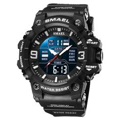 SMAEL SL-8049 Military Sports Watch - Dual Display, 5ATM Waterproof Product Description: The SMAEL SL-8049 is a military-style sports watch that combines a rugged aesthetic with practical features, perfect for outdoor enthusiasts. Built for reliability, toughness, and adventure, this timepiece is ideal for both daily wear and demanding outdoor conditions. Specifications: Brand: SMAEL Model: SL-8049 Movement Type: Quartz + electronic elements Weight: 77g Case Diameter: 59mm Case Thickness: 18mm Waterproof Grade: 50 meters Band Width: 22mm Total Strap Length: 245mm Key Features: Dual Movement Display (Analog + Digital): Offers both analog and digital timekeeping for precision and versatility. Bright blue LED digital display ensures enhanced visibility in low light. Military-Grade Durability Sport Style Men, Waterproof Sports Watch, Waterproof Led Lights, Organic Glass, Mens Sport Watches, Military Watches, Watch For Men, Waterproof Led, Sports Watch