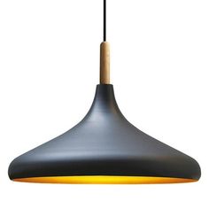 a black and yellow light hanging from a ceiling