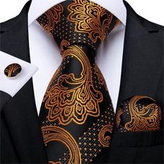 Black and Gold Ornament Tie Set - SOPHGENT Pink Wedding Accessories, Gold Man, Blue Necktie, Necktie Set, Mens Silk Ties, Tie For Men, Paisley Tie, Cufflink Set, Wedding Ties