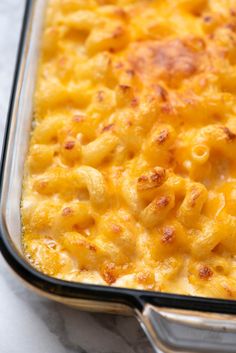 a casserole dish with macaroni and cheese