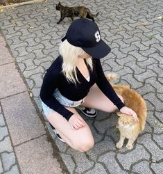 a woman kneeling down petting a cat on the ground with two cats behind her