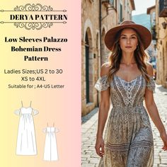 Low Sleeves Palazzo Bohemian Dress, Bohemian Long Dress Sewing Pattern,Ethnic Dress Pattern  as an instant download (pdf) sewing pattern bundle with a range of size options, including plus sizes ; NOTE: Knitted, Natural Waist Seam, Full length, 3/4 Circle, Corset with Breast Darts, Seamless, V-Neck Corset, Sarafan with Straps, V-Neck, Back Unvented and Without Zipper, but a line area has been made where a zipper can be made. you can put a zipper there if you wish. Cut Above the Elbow, Flared Sho Long Dress Sewing, Long Dress Sewing Patterns, Bohemian Long Dress, Bohemian Dresses Long, Neck Corset, Dress Bohemian, Ethnic Dress, Ethnic Patterns, Dress Sewing Pattern