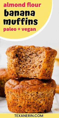 three banana muffins stacked on top of each other with text overlay that says,