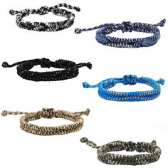 four different types of bracelets are shown in various colors and sizes, including blue, black