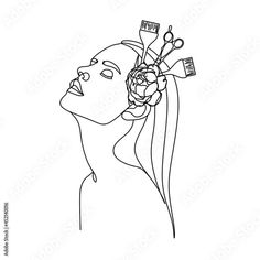 a line drawing of a woman's face with scissors and flowers in her hair