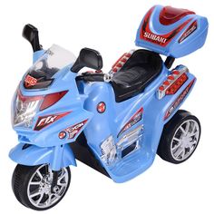 a blue toy motorcycle is shown on a white background with red and black trims