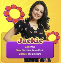 a woman standing in front of a sign with the name jaciie on it