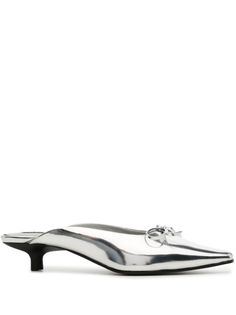 silver leather patent finish slip-on style bow detailing pointed toe branded leather insole 30mm kitten heel Loafer Mules, Iconic Bags, Demi Fine Jewelry, Leather Mules, Flat Boots, Exclusive Fashion, Fine Earrings, Ballet Flat Shoes, Pump Sandals