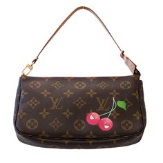 Louis Vuitton Takaski Murakami Cherry Pochette Bag. From The Limited Edition Collaboration With Artist Takashi Murakami, This Pochette Accessories Is Rendered In The House's Iconic Monogram Coated Canvas And Features Smiling Cherry Graphic Print And Natural Vachetta Leather Shoulder Strap. Made In France In 2005, Tan Leather Strap, Exposed Zip Closure, Coated Canvas, Canvas Lining, Gold Hardware, And Comes With Original Dust Bag. Item In Perfect Vintage Condition, Small Scratched On The Hardware.Very Good Condition. Barley Any Discoloration To Leather Strap, Light Tarnishing To Hardware. Measurements: Longest Length- 8.25” Height: 5” Depth-1” Strap Drop: 6” Items Are Pre-Owned, Not N Vintage Louis Vuitton Bag, Cherry Graphic, Pochette Accessories, Takashi Murakami, Vintage Bags, The Limited, Tan Leather, Gold Hardware, Made In France