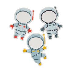 three stickers depicting two astronauts in space suits, one is holding a baseball bat