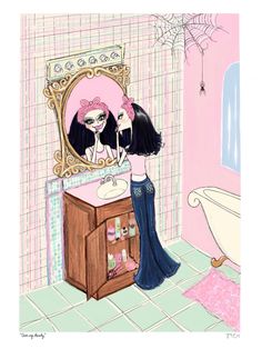 a drawing of a woman brushing her teeth in front of a bathroom mirror and sink