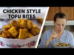 woman eating chicken style tofu bites in the kitchen with text overlay that reads chicken style tofu bites