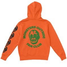 It is a green and black print on an orange Heavyweight Cotton Pullover Hoodie Designed and printed by me in Long Beach, California. Green Long Sleeve Hoodie With Graphic Print, Green Hooded Hoodie With Graphic Print, Green Graphic Print Hooded Hoodie, Green Hip Hop Hoodie With Crew Neck, Green Hooded Top With Graphic Print, Green Crew Neck Hoodie In Hip Hop Style, Green Hooded Sweatshirt With Graphic Print, Orange Letter Print Hoodie For Streetwear, Casual Halloween Fan Merchandise Hoodie