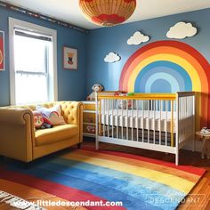 a baby's room with a crib, couch and rainbow mural on the wall