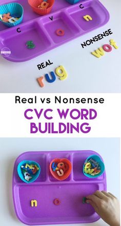 a purple plastic tray with letters and numbers on it that says real vs nonsense cvc word building