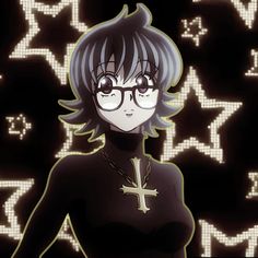 an anime character with glasses and a cross on her chest