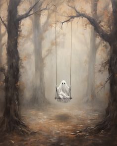 a painting of a ghost sitting on a swing in the woods