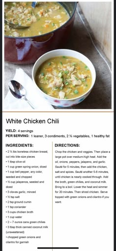 the recipe for white chicken chili is shown in this brochure, and it's ready to be eaten