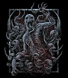 an image of a demonic creature surrounded by skulls and other creatures on a black background