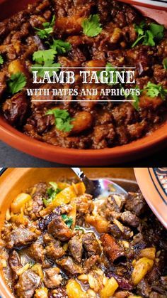 some food that is in a bowl and on a plate with the words lamb tagine with dates and apricots