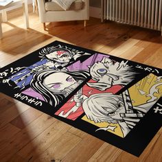 an area rug with anime characters on it in a living room next to a radiator