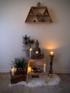 a shelf with candles and other items on it