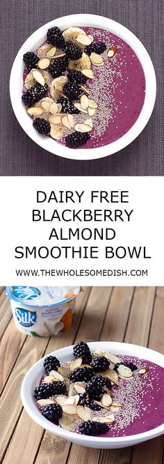 two bowls filled with blueberry smoothie and topped with bananas, almonds and blackberries