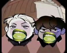 two people with slices of cucumber on their mouths in front of a mirror