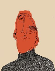 a drawing of a man with glasses on his head and an orange background behind him