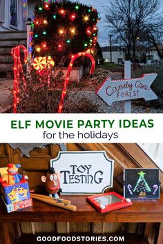 decoration ideas inspired by the movie Elf: a candy cane forest and toy testing station Elf Themed Christmas Party Decorations, Elf Themed Birthday Party, Buddy The Elf Outdoor Decorations, Elf Movie Decorations Christmas Diy, Movie Elf Decorations, Elf The Movie Door Decorations, Elf Movie Cubicle Decorations