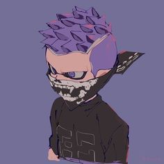 a drawing of a person with purple hair and an evil look on their face, wearing a black hoodie