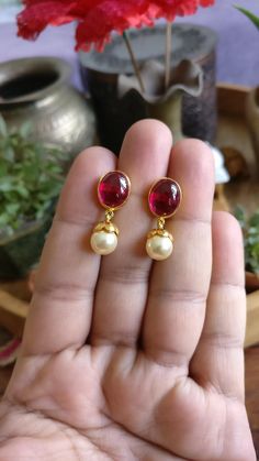 Ruby Cabochon and Pearl Earring Pair Silver 925 Real Gold | Etsy Gold Earrings Designs With Pearl, Pearl Drop Earrings Gold Indian, Earrings Design Gold Indian, Beads Earrings Gold Indian, Gold Cabochon Pearl Earrings, Classic Gold Ruby Earrings, Red Pearl Drop Earrings, Red Round Pearl Drop Earrings, Red Pearl Drop Round Earrings