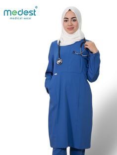 Size Chart As a professional in the medical industry, you understand the need for inclusivity and comfort in all aspects. The Faith modest scrub top offers a knee-length size and long sleeves with a zipper for wudu. The top also features two pockets for convenience. This scrub top features: Flare design slightly fitted through waist Long sleeves with zippers for wudu High neckline Hidden chest zipper 2 Pockets Tag ring on the shoulder Knee length (98 cm/38 inches length) This scrub top provides Doctor Dress Medical, Hijab Scrubs, Modest Scrubs, Women In Healthcare, Scrub Ideas, Scrub Dress, Scrubs Dress, Medical Scrubs Outfit, Doctor Dress