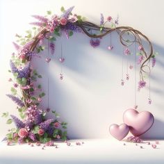 two pink hearts hanging from a vine with purple flowers and greenery on the wall