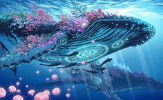 two humpbacks swimming in the ocean with pink and blue bubbles around them