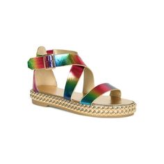 These flatform sandals features a single band at open toe front, crisscross vamp with an adjustable buckle ankle strap, studded flatform mid-sole, and lightly cushioned insole. Size: 7.5.  Color: Black.  Gender: female.  Age Group: adult. Rainbow Sandals, Sandals Gold, Flatform Sandals, Womens Sandals Wedges, Sandals For Sale, Womens Sandals Flat, Beach Shoes, Comfortable Sandals, Womens Clogs