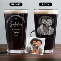 two personalized beer glasses, one with an image of a man and woman