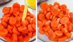 two pictures showing how to cut carrots into small pieces and juice being poured on them