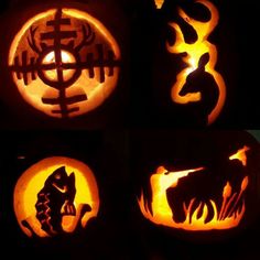 four carved pumpkins with animals and symbols on them