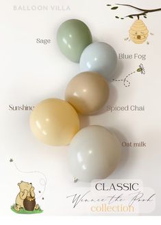 four balloons are arranged in the shape of winnie the pooh and honeybeest