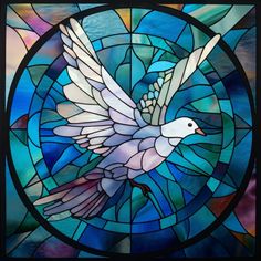 a stained glass window with a white dove in it's body and wings spread out