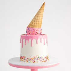 ICE CREAM CAKE | Confetti Cake Batter Ice Cream | Choose Your Drip Color - Sweet E's Bake Shop - The Cake Shop Ice Cream Cone Theme Cake, Cake With Cone On Top, Ice Cream Inspired Cake, Ice Cream Cone Cake Design, Birthday Cake With Ice Cream Cone On Top, Ice Cream Cone Drip Cake, Smash Cake Sweet One, Ice Cream Themed Smash Cake, I’ve Cream Cone Cake