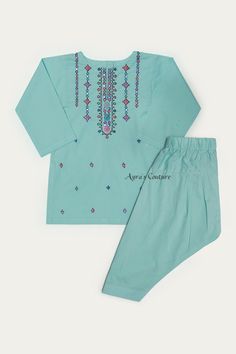 Ready to wear 2 pc suit. Item Details: Top: Aqua Color soft cotton Top with  Embroidery Trouser: Aqua Color Shalwar Feel free to ask about the measurements. We are happy to help you. Thank you.. * As it is handmade, some stones or threads may be pulled off. We really do take great care of our clothes while shipping. Thank you.. **All sales are FINAL.. No returns or exchanges... To see other items in our shop please visit  https://www.etsy.com/shop/AyrasCouture Hand Embroidery Dress Design, Eid Shalwar Kameez, Islamic Quotes Friendship, Crochet Baby Girl Dress, Daughter Dress, Kids Formal, Hand Embroidery Dress