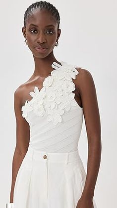 Figue Capucine Sweater Top | Shopbop Elegant Summer Crochet Top, Elegant White One Shoulder Top For Spring, Fitted Floral Embellished Summer Tops, Fitted Floral Summer Tops, Elegant Sleeveless Crochet Top For Spring, Fitted Floral Embellished Tops For Summer, White Floral Embellished Tops For Summer, Elegant Floral Embellished Summer Tops, Elegant Floral Embellished Tops For Summer