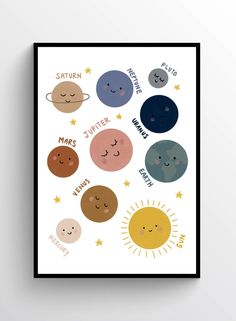 a poster with different planets and the names of them in black frame on a white wall