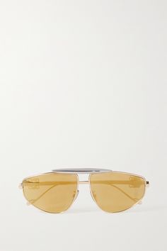 LOEWE Eyewear's sunglasses have futuristic aviator-style frames. They're made from gold-tone metal and have a contrasting silver brow bar, as well as the the label's 'Anagram' logo defining the slim arms. Brow Bar, Aviator Style, Eyewear Womens, Aviator Sunglasses, Eyewear Sunglasses, Gold Tone Metal, Women Collection, Sunglasses Accessories, Luxury Design